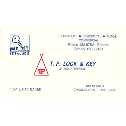 T. P. Lock & Key Tom & Pat Baker Channelview Texas Vintage Business Card SB4-B3