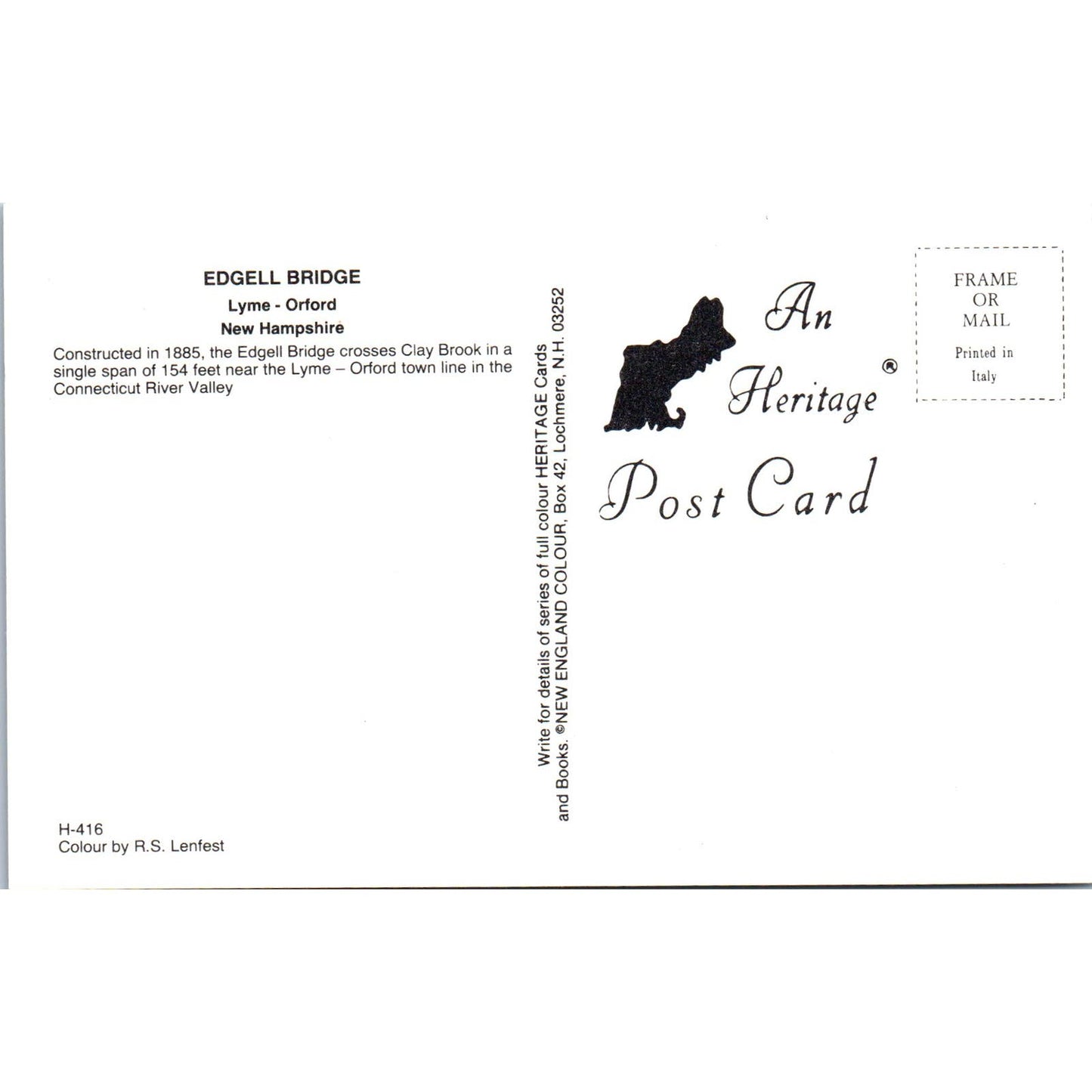 Edgell Bridge Lyme-Orford New Hampshire Covered Bridge Postcard PC6