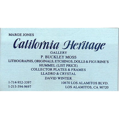 P. Buckley Moss Marge Jones California Heritage Gallery Vtg Business Card SD9-B4