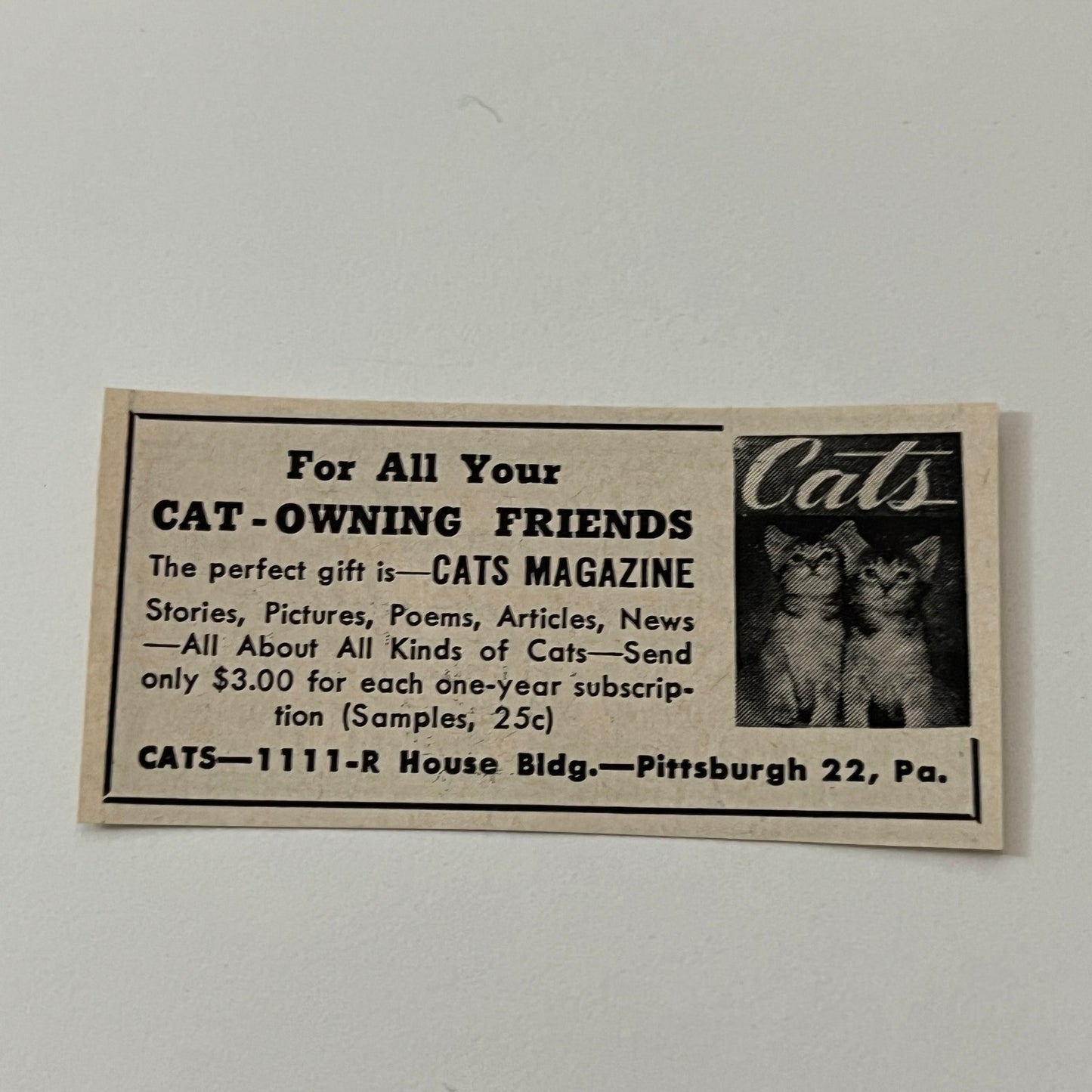 Cats Magazine Cat-Owning Friends Pittsburgh PA 1952 Yankee Magazine Ad SAG5-S1