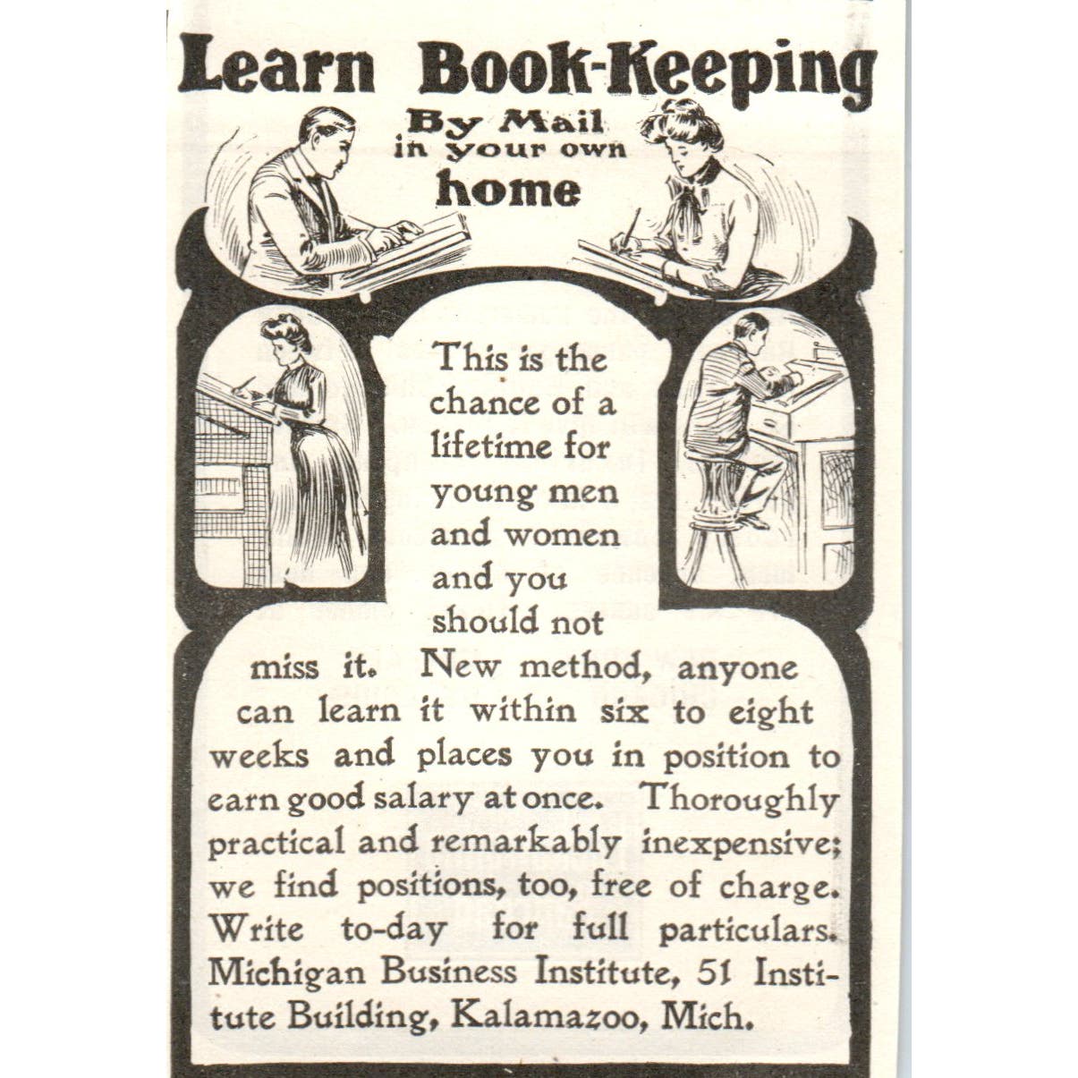 Learn Bookkeeping by Mail Kalamazoo MI c1905 Original Advertisement AE7-A1