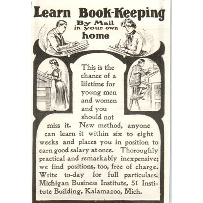 Learn Bookkeeping by Mail Kalamazoo MI c1905 Original Advertisement AE7-A1