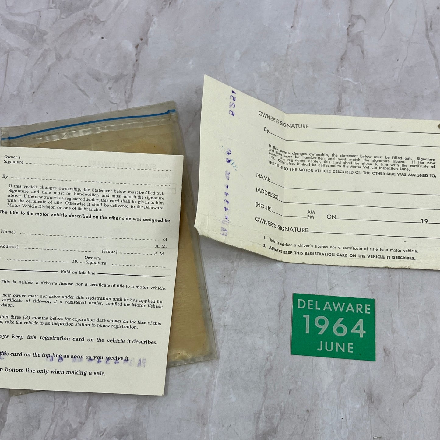 1964 Motor Vehicle Registration Clarence W. Taylor Wilmington Delaware TJ5-EL