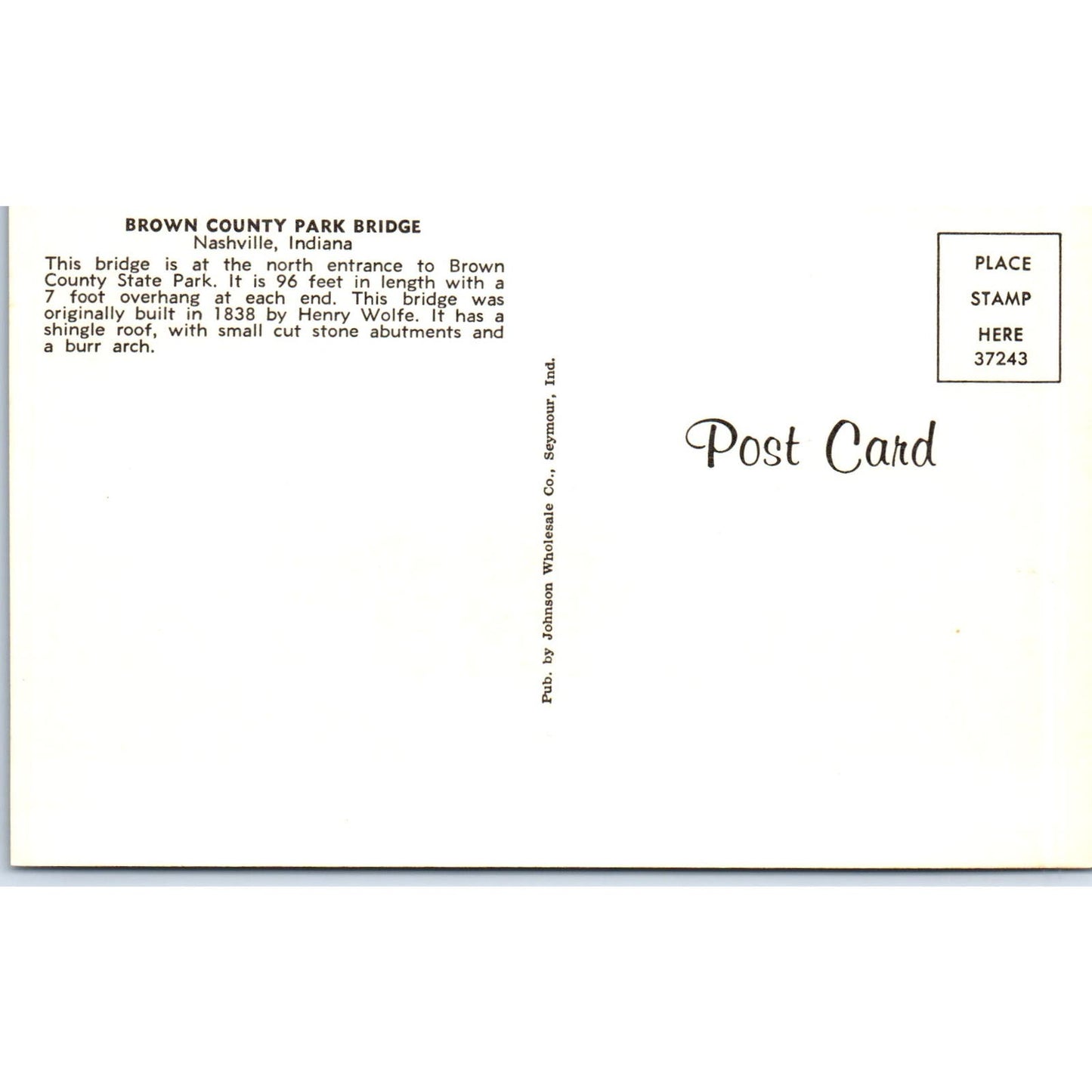 Brown County Park Bridge Nashville IN Vintage Covered Bridge Postcard PC13