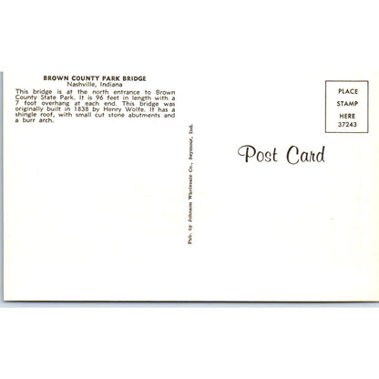 Brown County Park Bridge Nashville IN Vintage Covered Bridge Postcard PC13