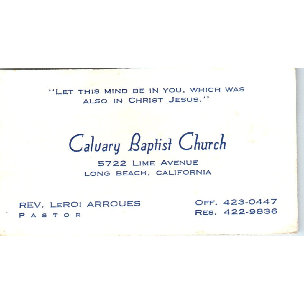 Rev. LeRoi Arroues Calvary Baptist Church Long Beach CA Vtg Business Card SD8-B4