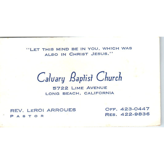 Rev. LeRoi Arroues Calvary Baptist Church Long Beach CA Vtg Business Card SD8-B4