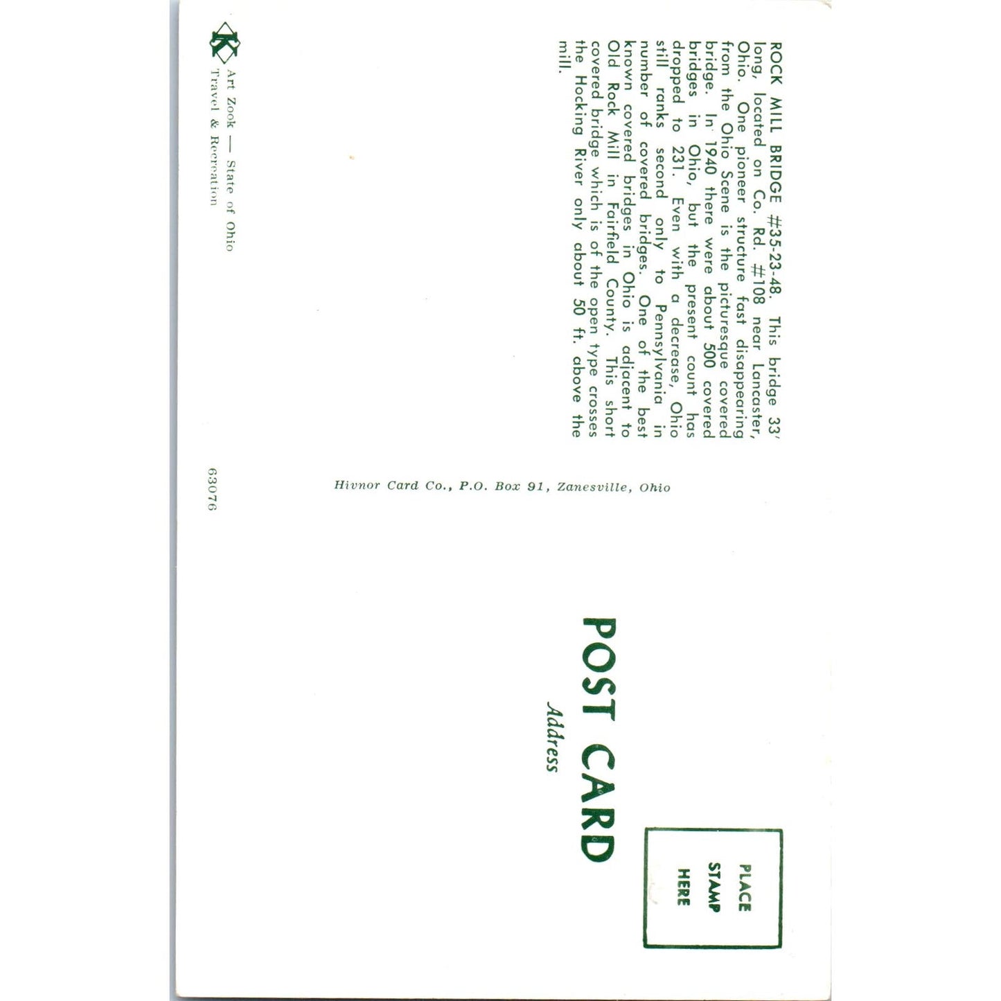 Rock Mill Bridge Lancaster Ohio Covered Bridge Postcard PC6