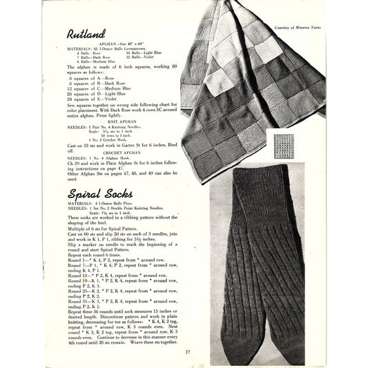 Rutland Afghan, Spiral Socks 1945 Knitting Pattern AG3-8