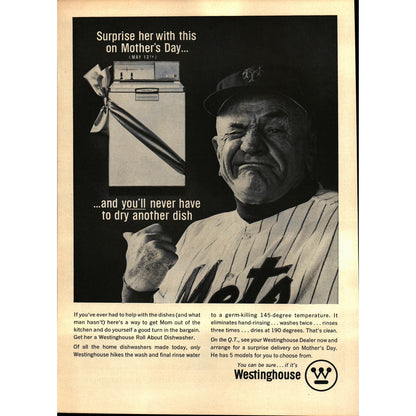 Vintage Westinghouse Dishwasher New York Mets Baseball Manager MLB Ad 8x11" V1-1