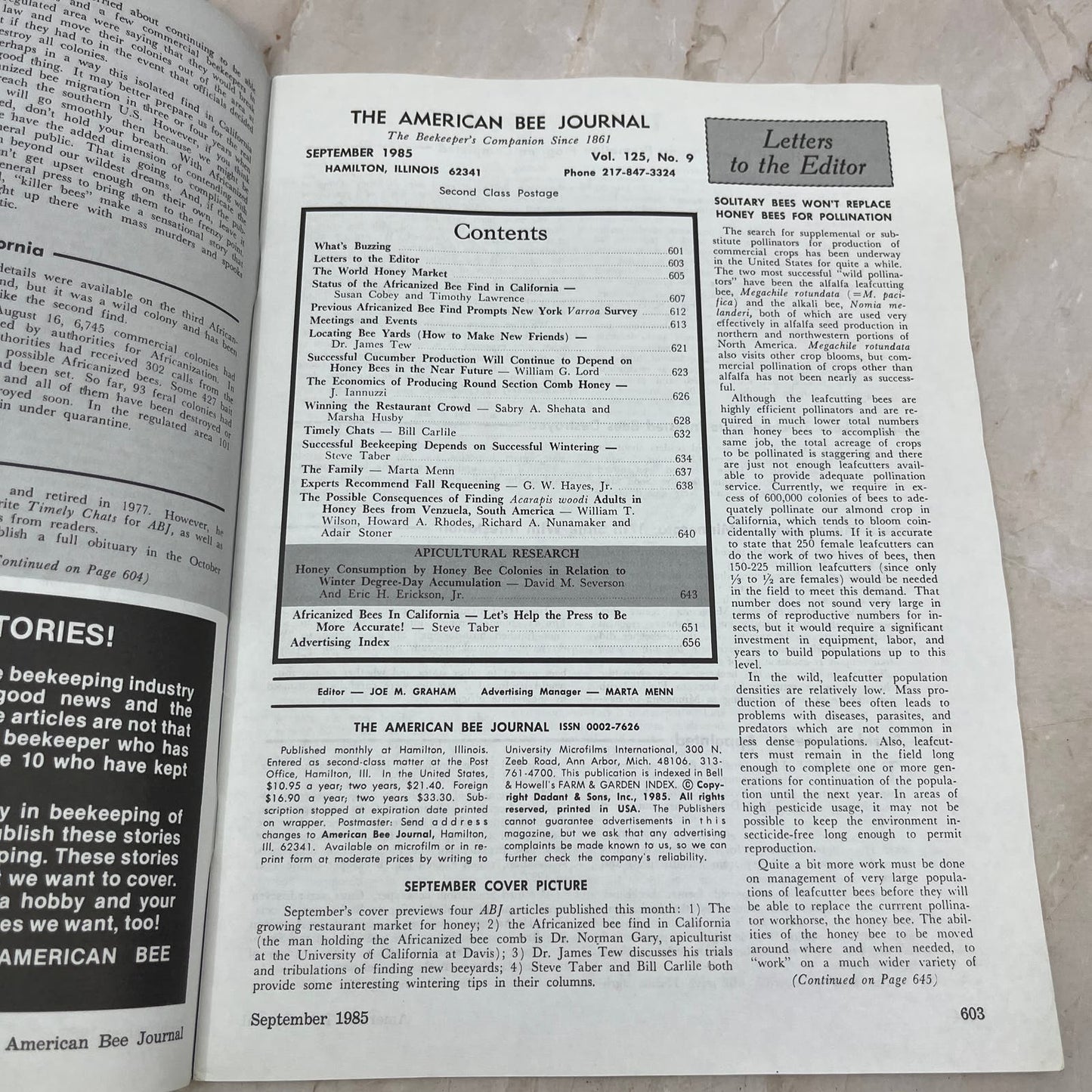 1985 Sept American Bee Journal Magazine Bees Beekeeping Honey M8