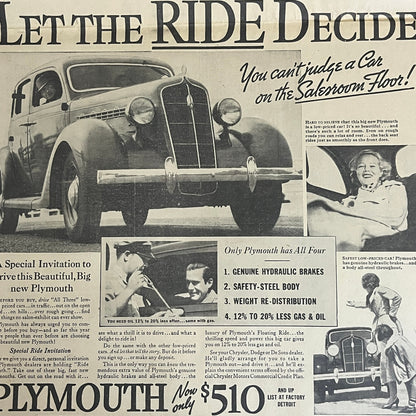 Plymouth Automobiles- Let The Ride Decide 1935 Newspaper Ad V1-9