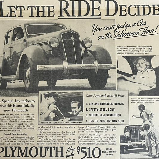Plymouth Automobiles- Let The Ride Decide 1935 Newspaper Ad V1-9
