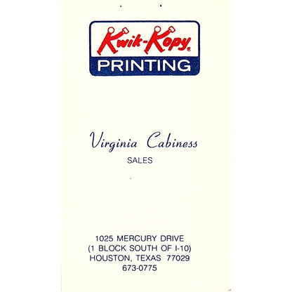 Kwik-Kopy Printing Virginia Cabiness Houston Vintage Business Card SD9-B13