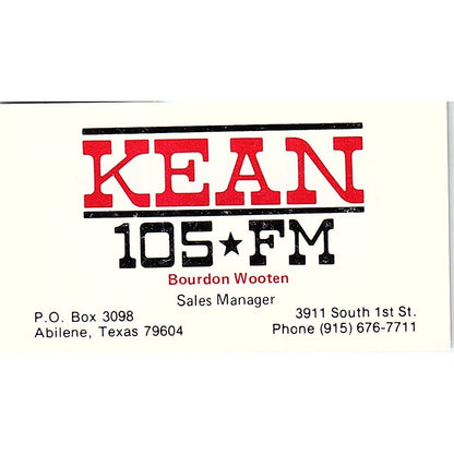 KEAN 105 FM Bourdon Wooten Abilene TX Vintage Business Card SSB4-B12