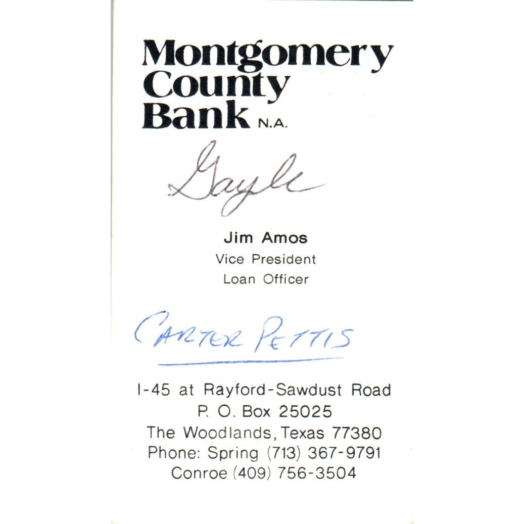 Jim Amos Montgomery County Bank The Woodlands TX Vintage Business Card SE3-B8