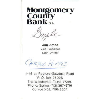 Jim Amos Montgomery County Bank The Woodlands TX Vintage Business Card SE3-B8