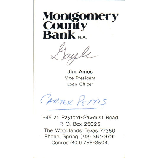 Jim Amos Montgomery County Bank The Woodlands TX Vintage Business Card SE3-B8