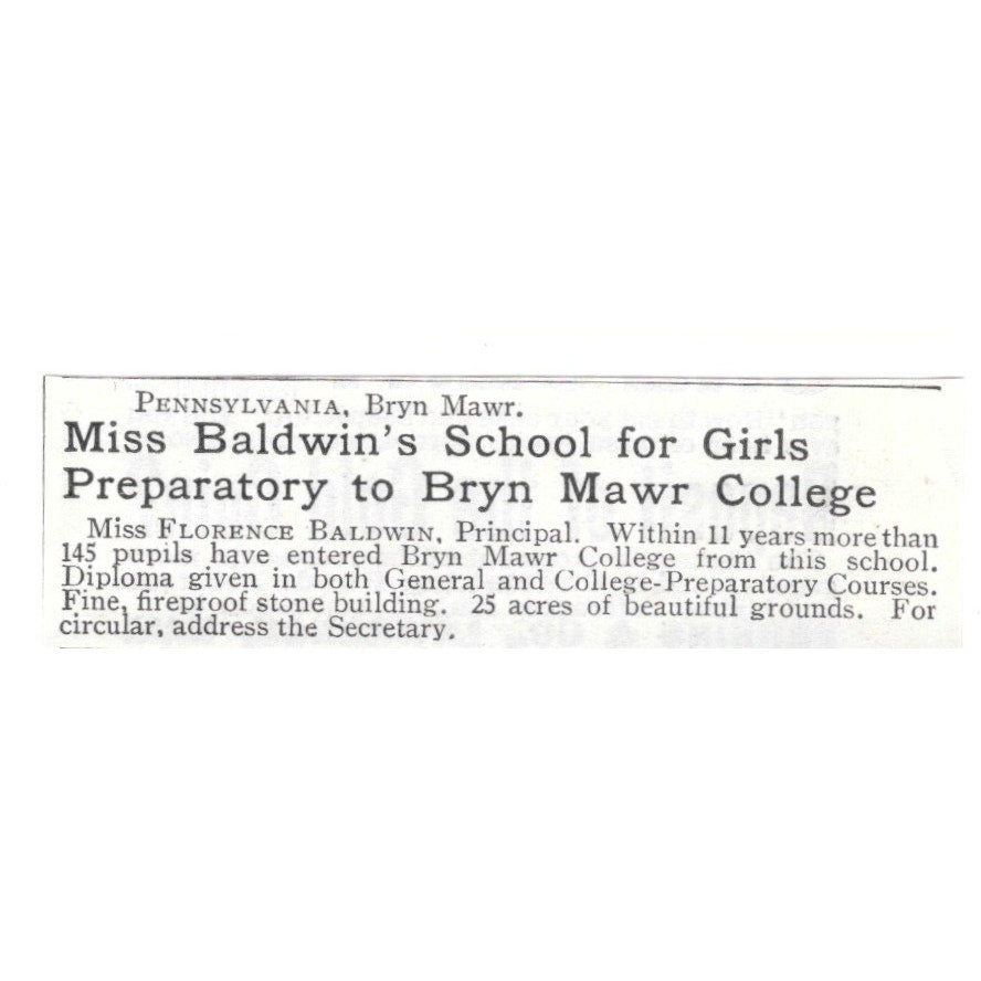 Miss Florence Baldwin School for Girls Bryn Mawr Prep PA 1903 Ad AG3-S15