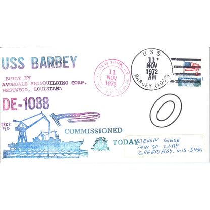1972 USS Barbey DE-1088 Nuclear Sub Commissioned Today Postal Cover TI5-PC1
