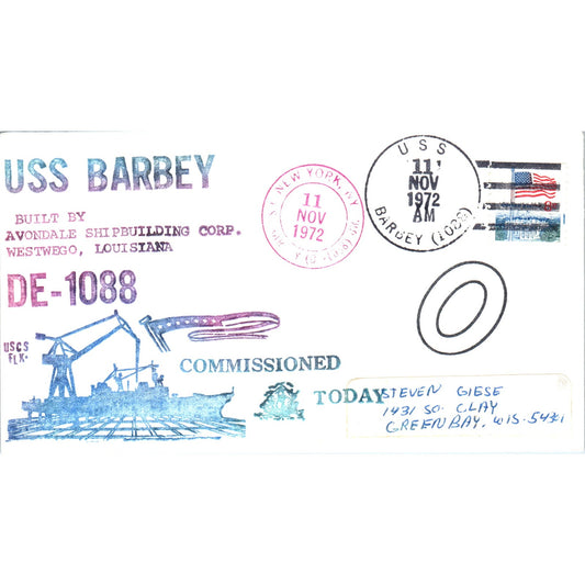 1972 USS Barbey DE-1088 Nuclear Sub Commissioned Today Postal Cover TI5-PC1