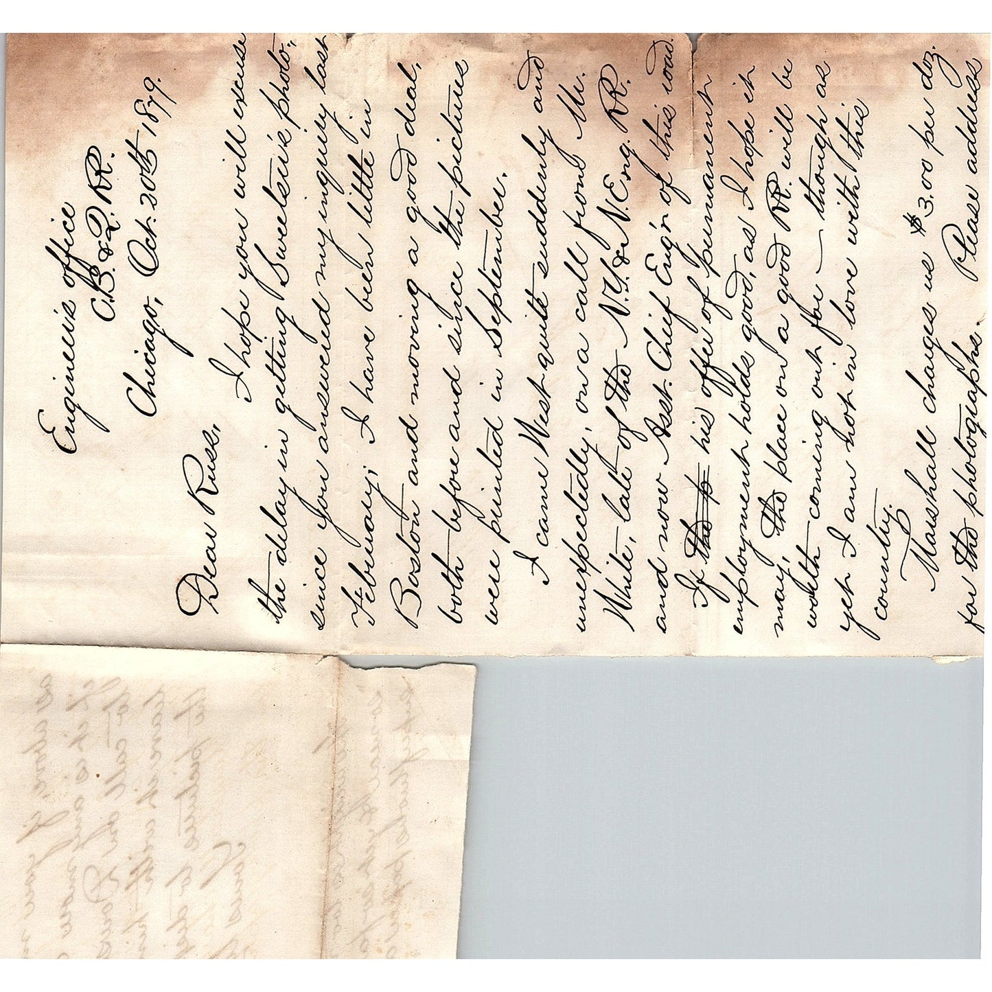 1879 Handwritten Letter Engineer's Office C.B. & Q. RR W.K. Means AF4-1