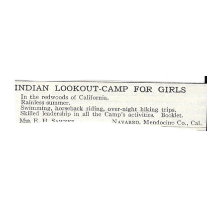 Indian Lookout-Camp For Girls Mendocino CA Mrs. E.H. Sawyer c1920 Ad AG4-S7