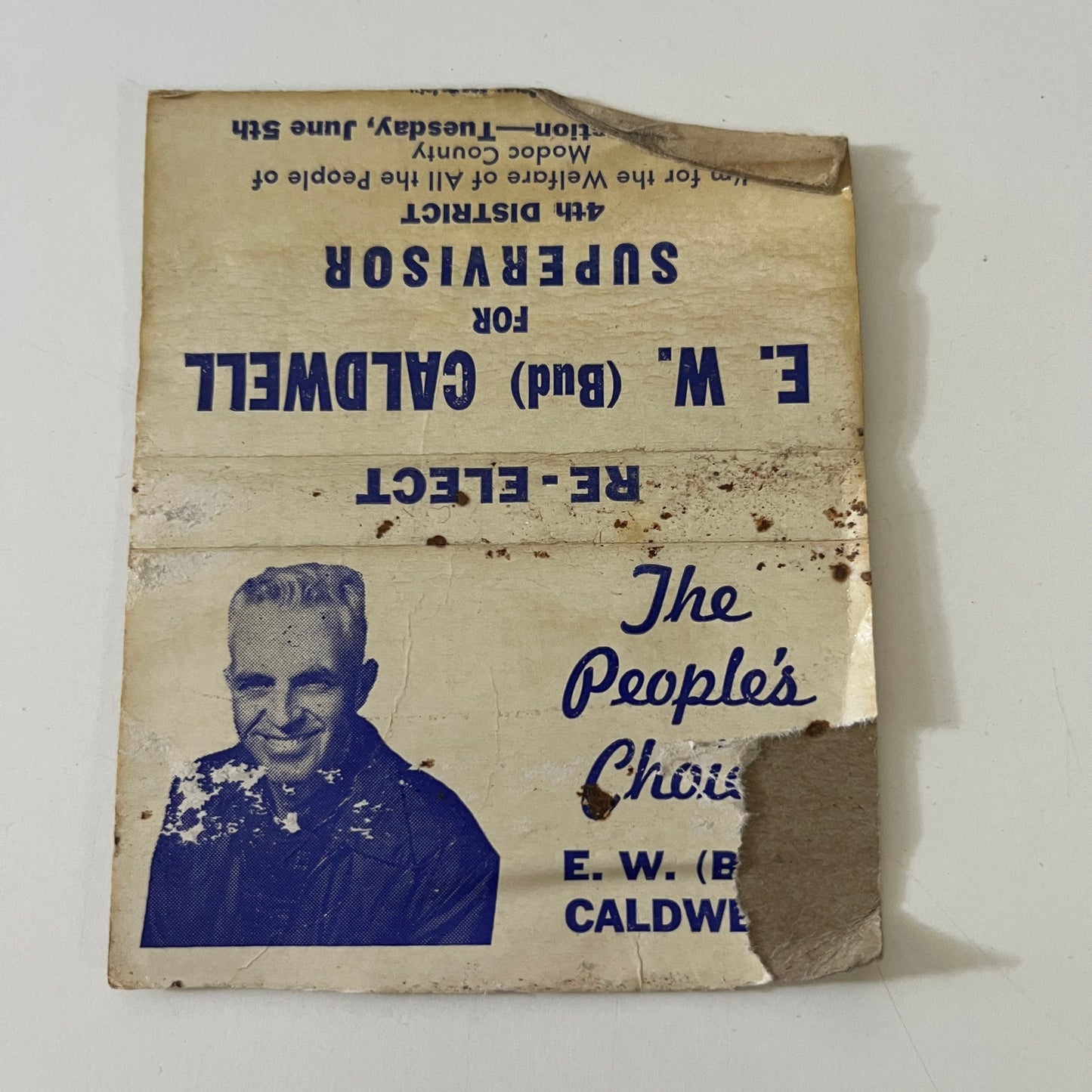 E.W. Bud Caldwell for Supervisor Political 1950s Matchbook Cover TE2-MKO-4