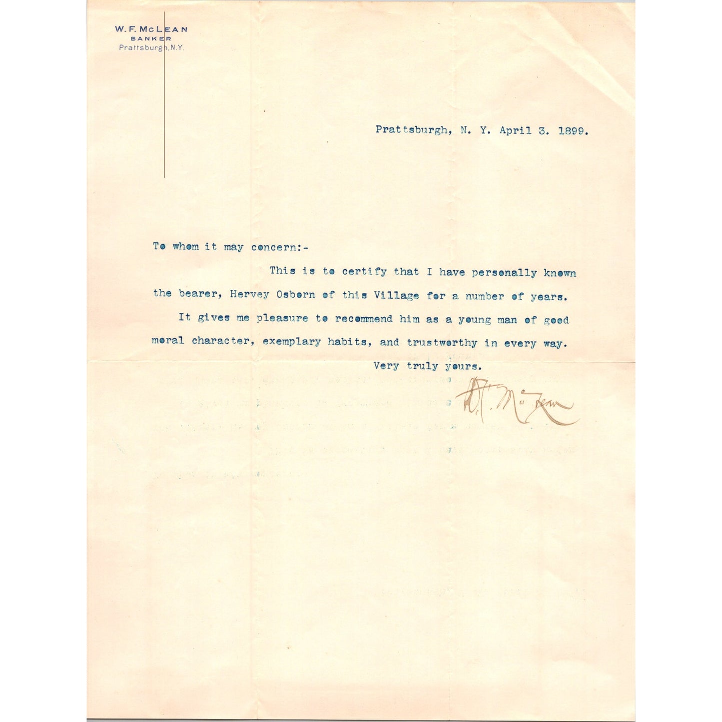 W.F. McLean Banker Prattsburgh NY 1899 Letter and Envelope C30