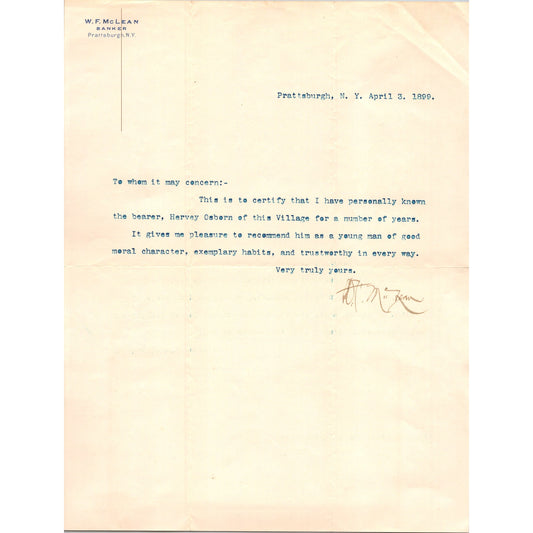 W.F. McLean Banker Prattsburgh NY 1899 Letter and Envelope C30