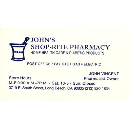 John Vincent John's Shop-Rite Pharmacy Long Beach Vintage Business Card SC9-B5