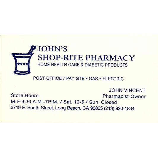 John Vincent John's Shop-Rite Pharmacy Long Beach Vintage Business Card SC9-B5