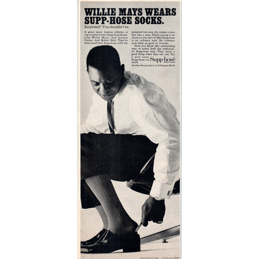Vintage Supp-Hose Support Socks Willie Mays MLB Baseball Magazine Ad 5x13" V1-1