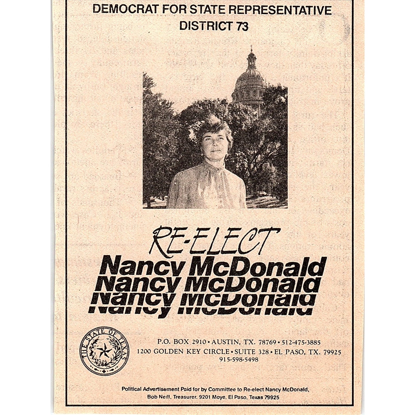 Re-Elect Nancy McDonald District 73 State Representative Texas 1984 Ad AF6-9
