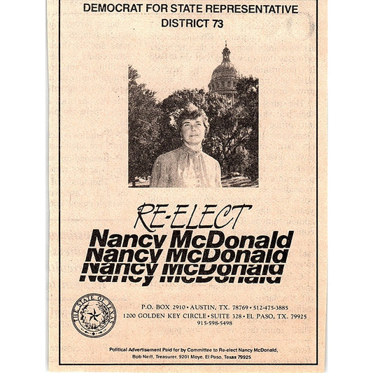 Re-Elect Nancy McDonald District 73 State Representative Texas 1984 Ad AF6-9