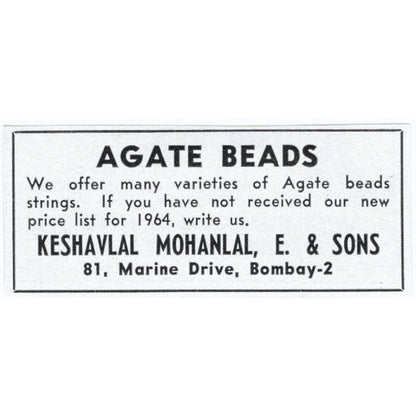 Keshavlal Mohanlal, E. & Sons Agate Beads Bombay India 1964 Magazine Ad AK6-S5