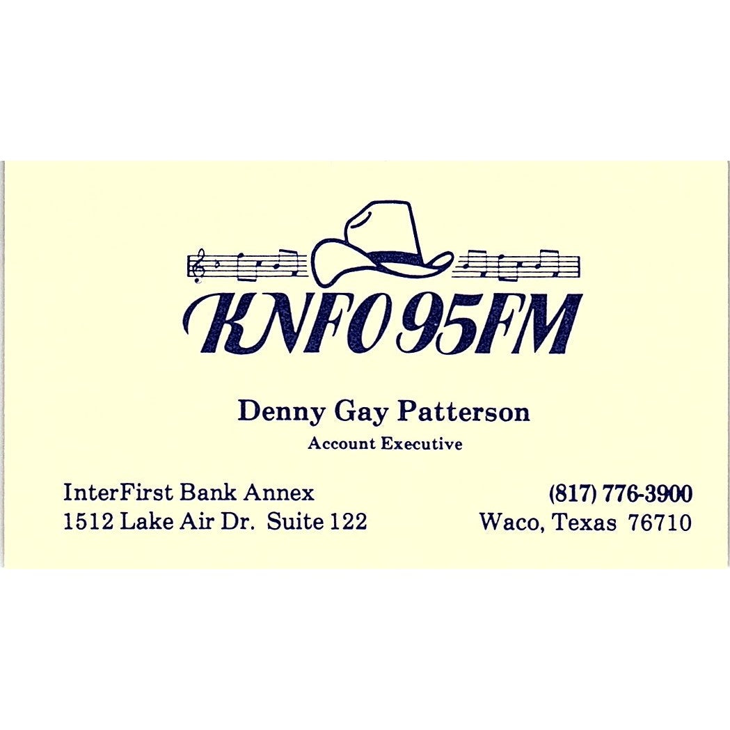 KNFO 95FM Denny Gay Patterson Waco TX Vintage Business Card SSB4-B12