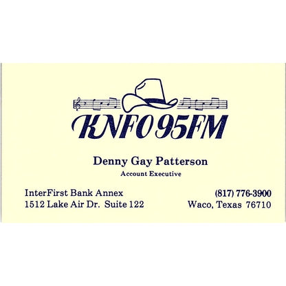 KNFO 95FM Denny Gay Patterson Waco TX Vintage Business Card SSB4-B12