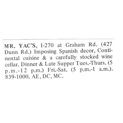 Mr. Yac's Restaurant Graham Road St. Louis 1971 Magazine Ad AD8-O1