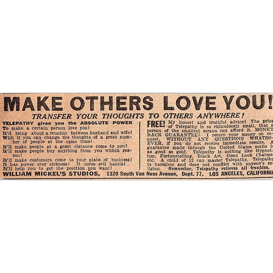 Make Others Love You Telepathy William Mickel's Studio Los Angeles 1926 AG3-M2