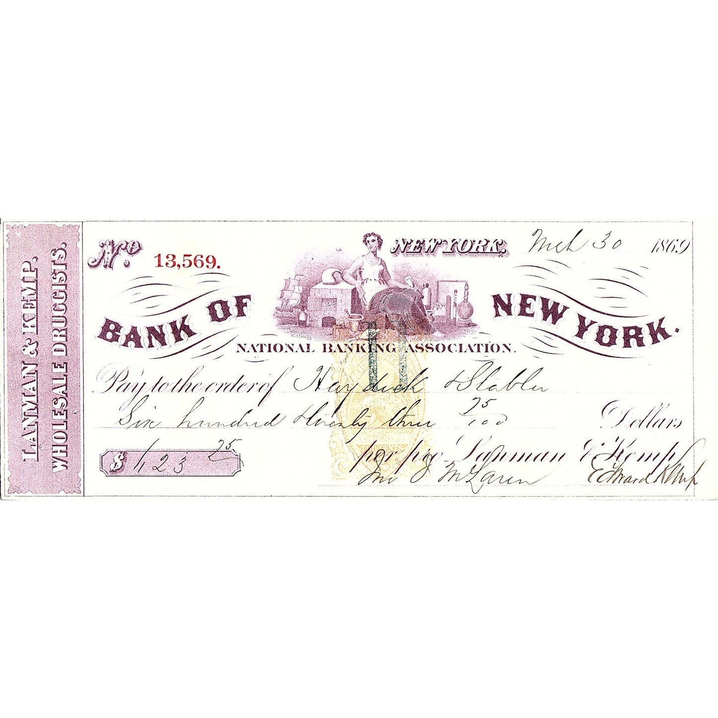 1869 Lanman & Kemp Druggists to Hay Dick Stabler NY Bank Stub TH2-OP5