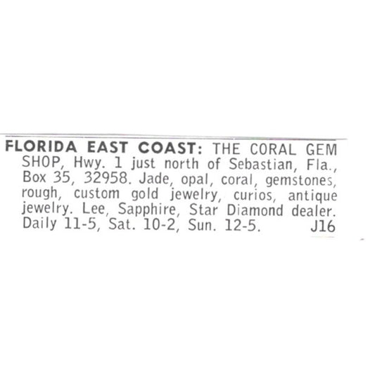 The Coral Gem Shop Sebastian Florida 1972 Ad AF8-S23