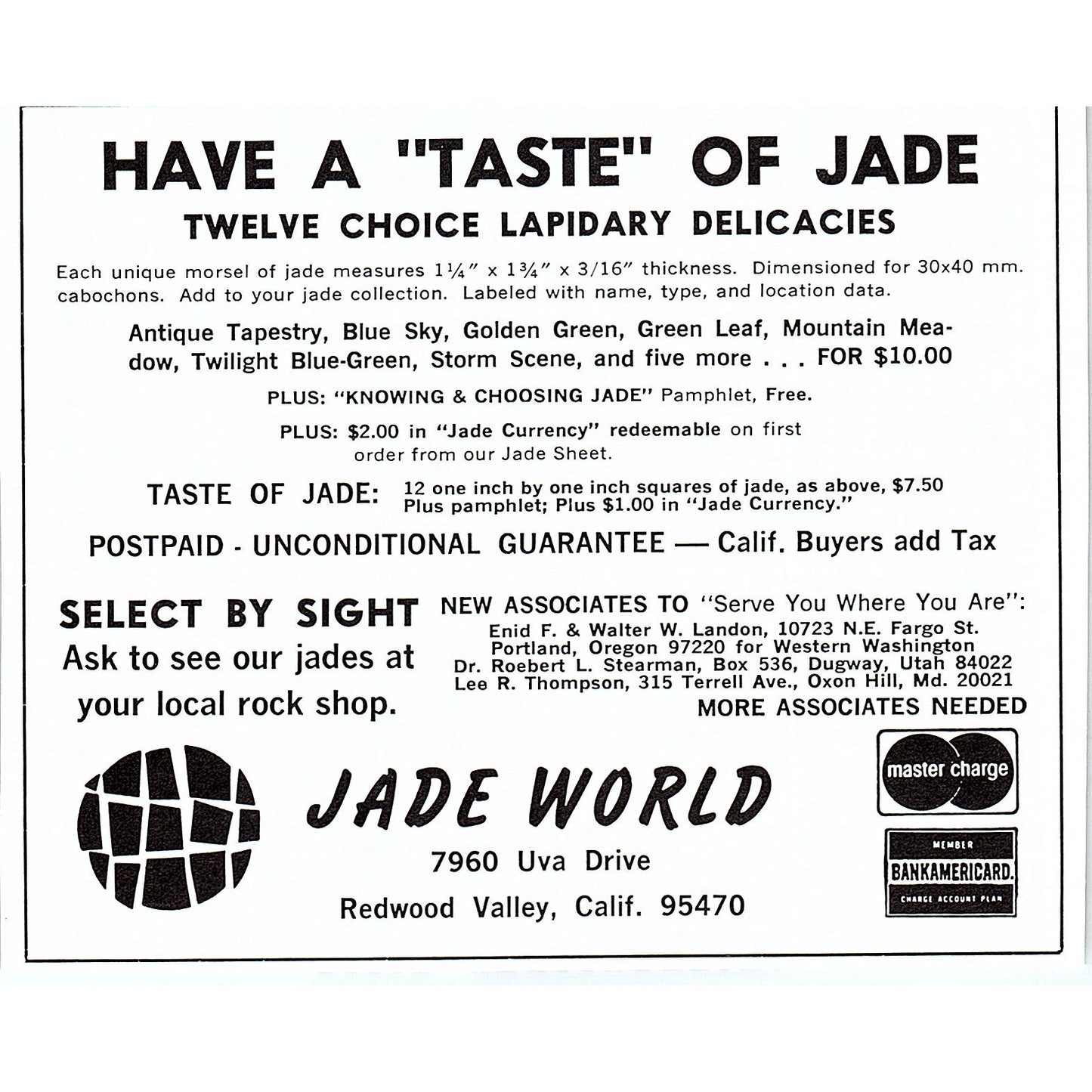 Jade World Lapidary Redwood Valley California 1972 Ad AF8-H2
