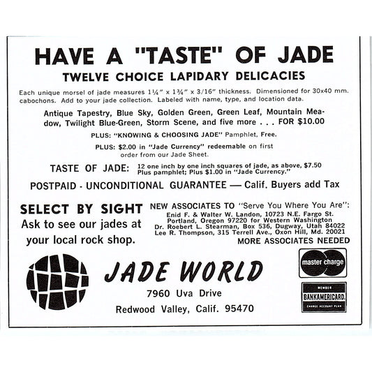 Jade World Lapidary Redwood Valley California 1972 Ad AF8-H2