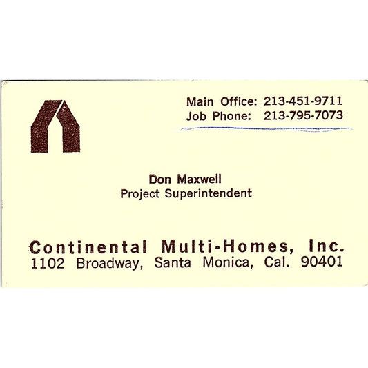 Continental Multi-Homes Don Maxwell Santa Monica CA Vintage Business Card SD9-B3