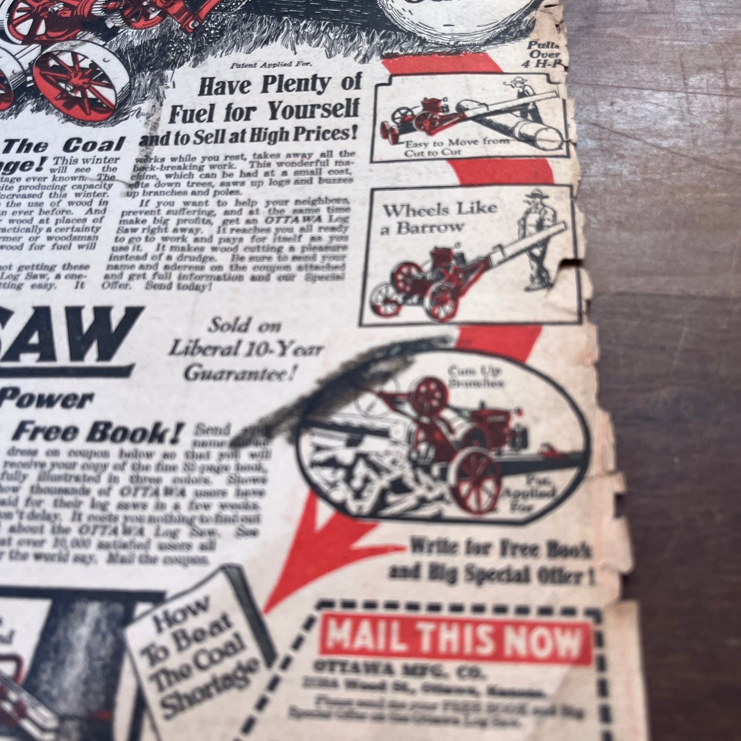 Ottawa Log Saw W.P. Adams Seward OK Ottawa KS Fold Out 1920 Ad V1-3