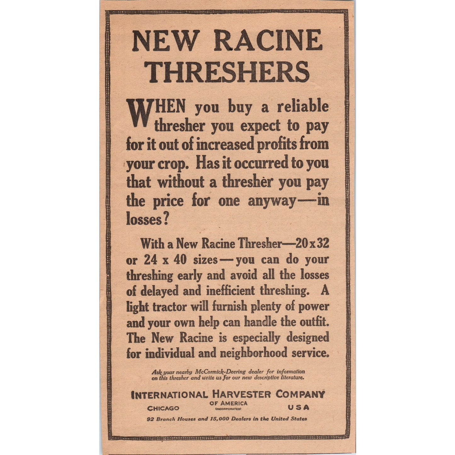 New Racine Threshers International Harvester Company IH 1922 Magazine Ad AF2-A5