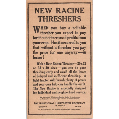 New Racine Threshers International Harvester Company IH 1922 Magazine Ad AF2-A5