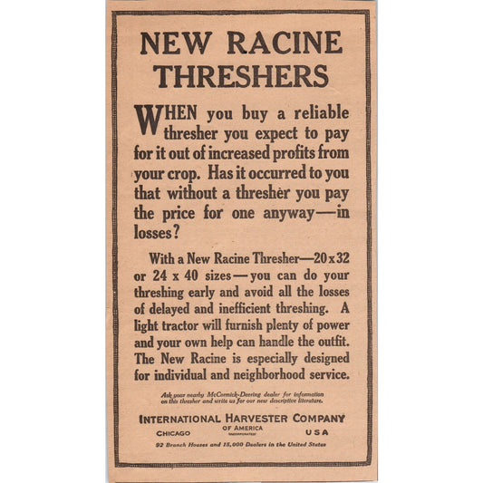 New Racine Threshers International Harvester Company IH 1922 Magazine Ad AF2-A5