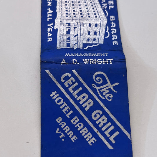The Cellar Grill Hotel Barre VT A.D. Wright Vintage Matchbook Cover TB8-MB-12